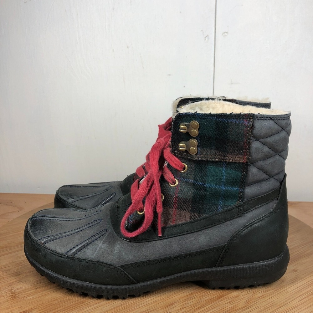 Cole Haan Mens size 8 Shoes black Leather Duck Lined Plaid wateproof snow boots